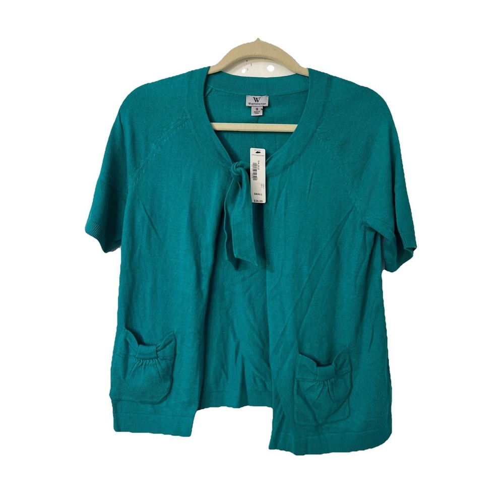 Worthington Teal Blue Short Sleeve Tie Front Cardigan Knit Women's Sz SPocket